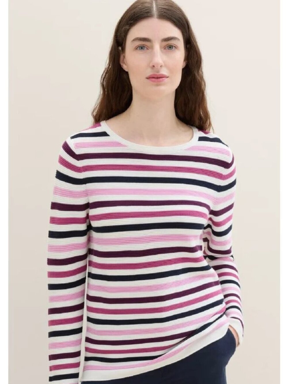 Tom Tailor $90 Organic Cotton Top Striped Long-Sleeve Crewneck Pink Navy